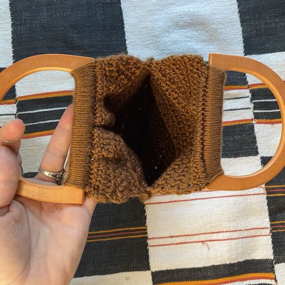 NWOT Handmade Crochet Handbag. Wooden Handles. Boho. Hippie. Brown. - Picture 6 of 6
